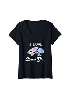 Womens I Love Beach Glass Collecting Sea Glass Beachcombing Ocean V-Neck T-Shirt