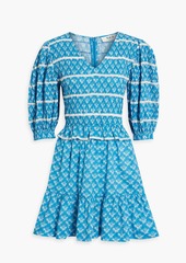 SEA - Annika lace-trimmed floral-print crocheted cotton-poplin mini dress - Blue - S