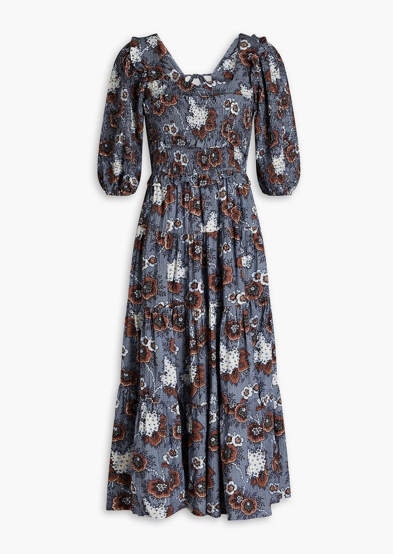 SEA - Lucinda shirred printed cotton midi dress - Blue - XXS