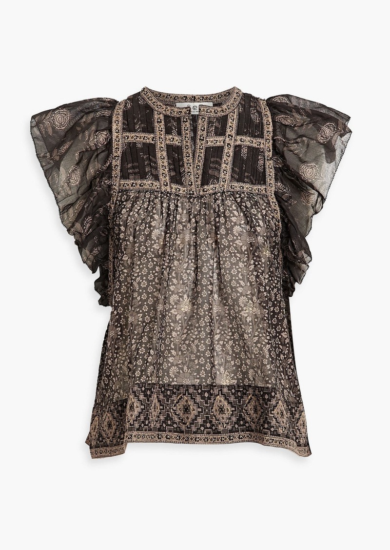 SEA - Nadine ruffled printed cotton-voile top - Brown - XXS