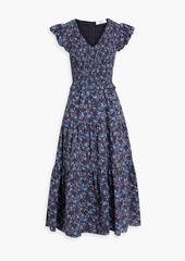 SEA - Tilly shirred floral-print cotton-seersucker midi dress - Blue - US 6