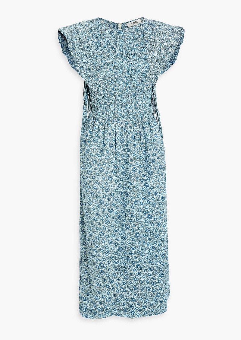 SEA - Ida smocked printed cotton-cloque midi dress - Blue - L