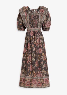 SEA - Tess smocked brushed floral-print cotton midi dress - Gray - US 6