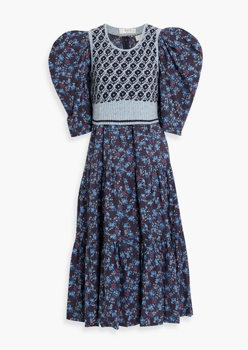 SEA - Tilly tiered floral-print cotton and intarsia-knit midi dress - Blue - M