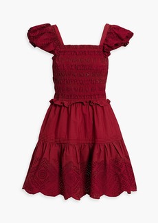 SEA - Vivienne ruffled shirred broderie anglaise cotton mini dress - Burgundy - M