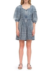 Sea Dylan Puff Sleeve Zip Front Chambray Cotton Dress in Blue at Nordstrom