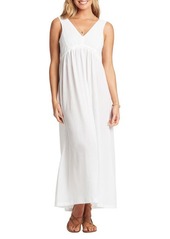 Sea Level Crinkle Drawstring Waist Cotton Cover-Up Maxi Dress