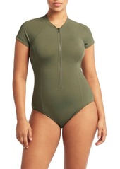 Sea Level Short Sleeve Multifit Front Zip One-Piece Swimsuit