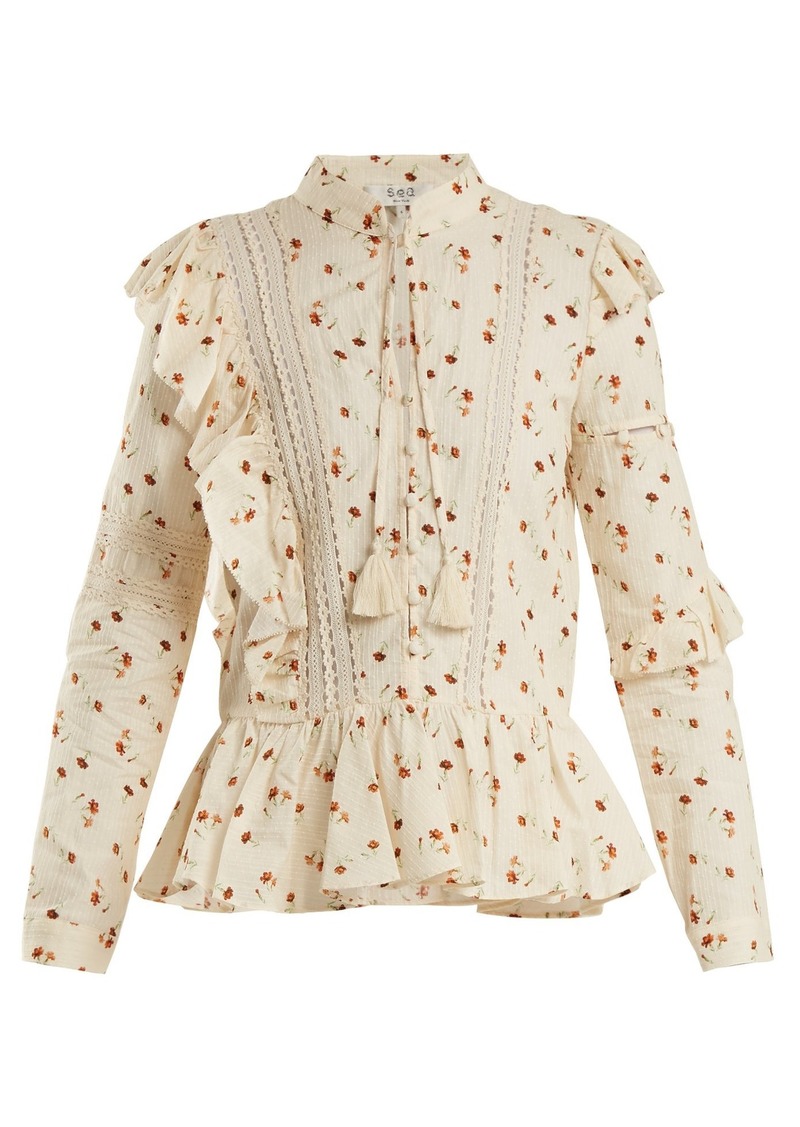 Sea Margaux floral-print ruffle-trimmed cotton blouse