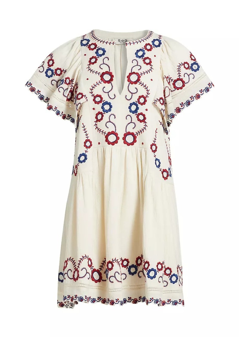 Sea Soren Cotton Floral-Embroidered Minidress