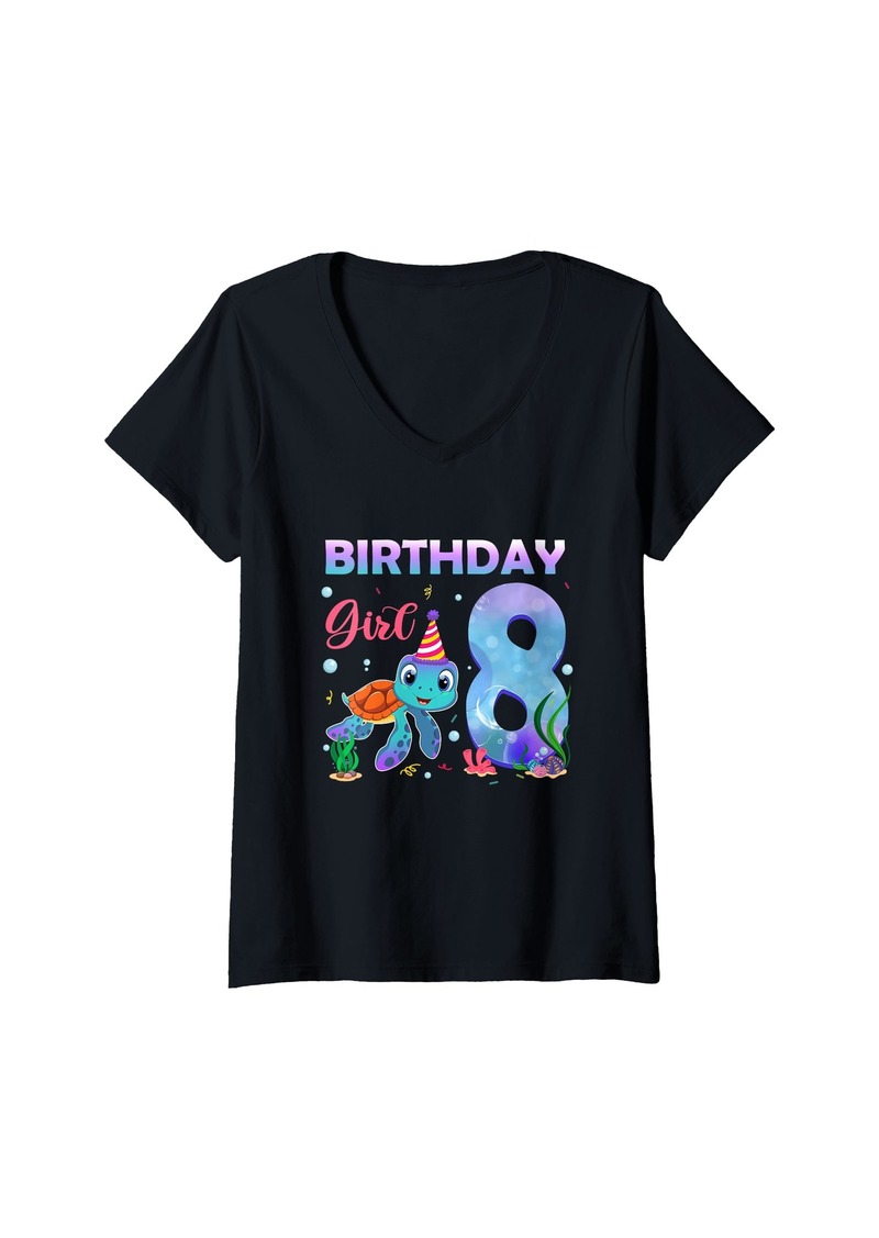 Womens 8th Birthday Girl Sea Turtle 8 Year Old Ocean Aquarium Girls V-Neck T-Shirt