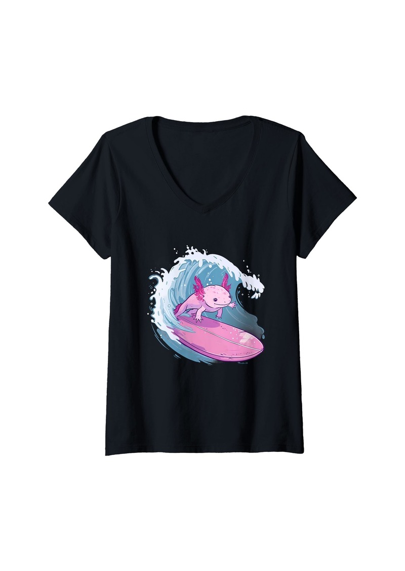 Womens Axolotl Surfing Ocean Sea Axolotl Sea Ocean Animal Lover V-Neck T-Shirt