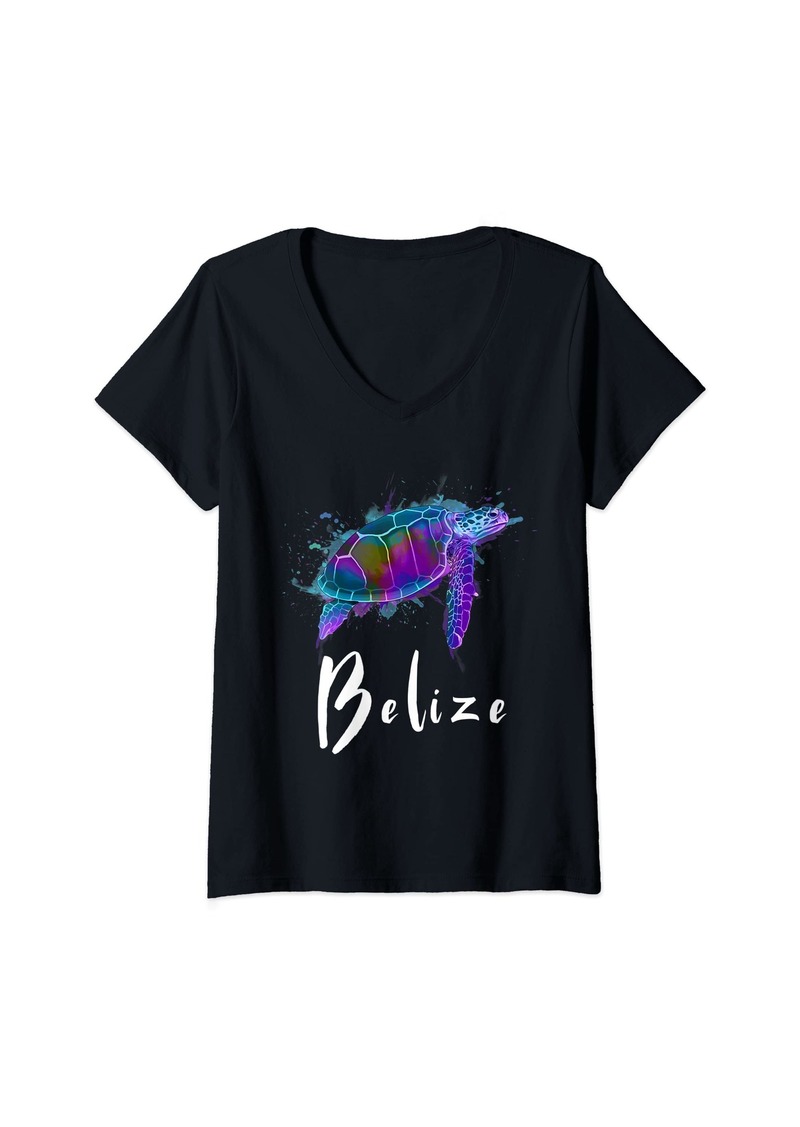 Womens Belize Watercolor Sea Turtle Souvenir V-Neck T-Shirt