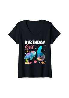 Womens Birthday Girls 6th Sea Turtle 6 Year Old Ocean Aquarium V-Neck T-Shirt