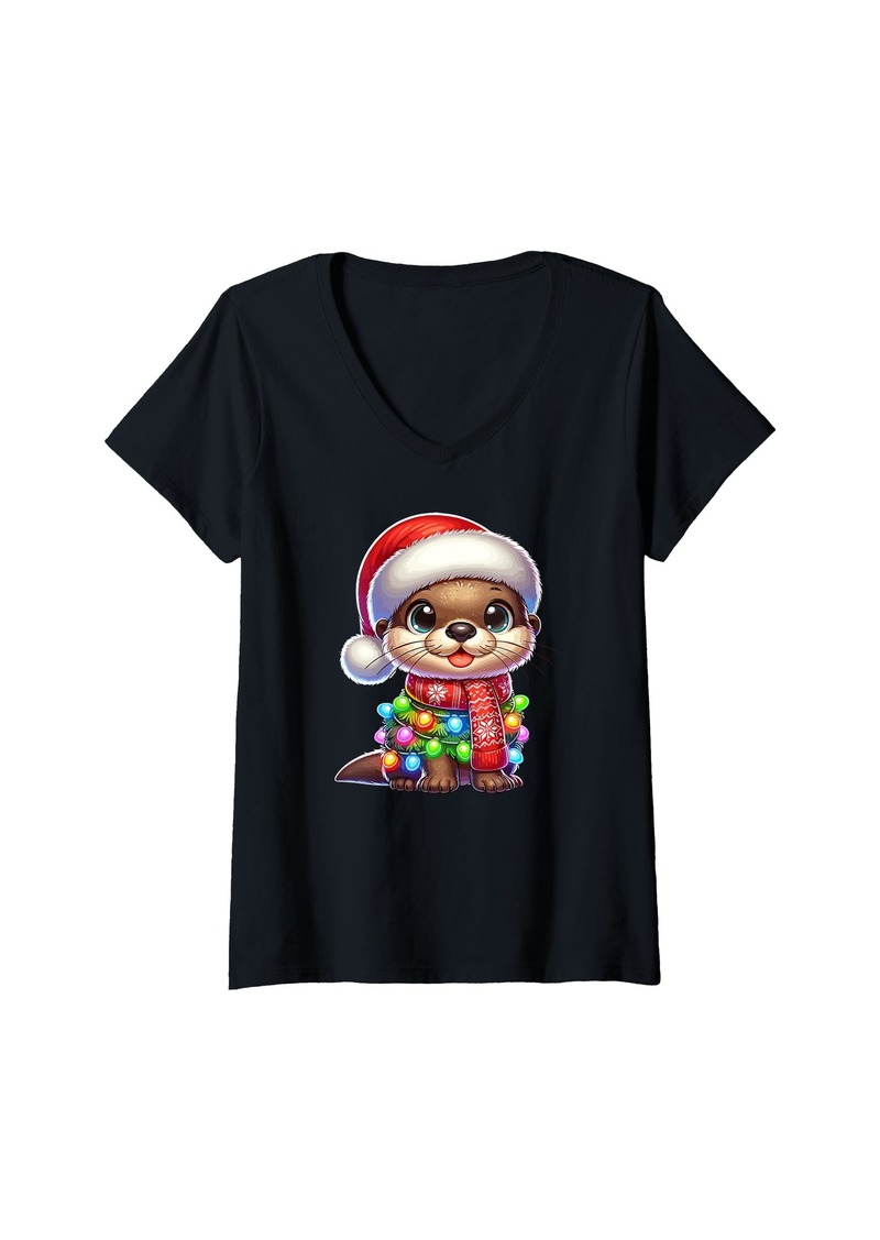 Womens Christmas Hat Sea Otters V-Neck T-Shirt