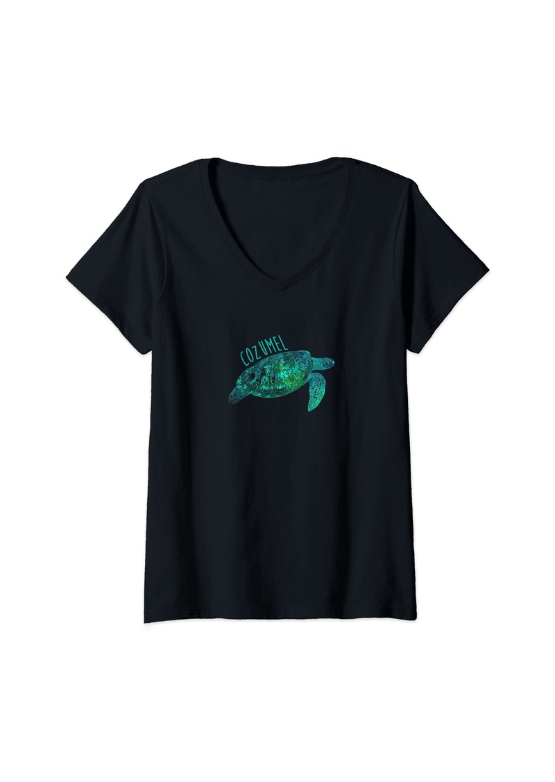 Womens Cozumel Mexico Sea Blue Tribal Turtle V-Neck T-Shirt
