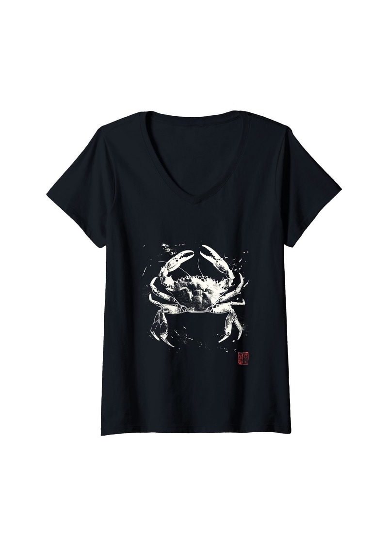 Sea Womens Crab Japanese Ink Drawing Minimalist Marine V-Neck T-Shirt