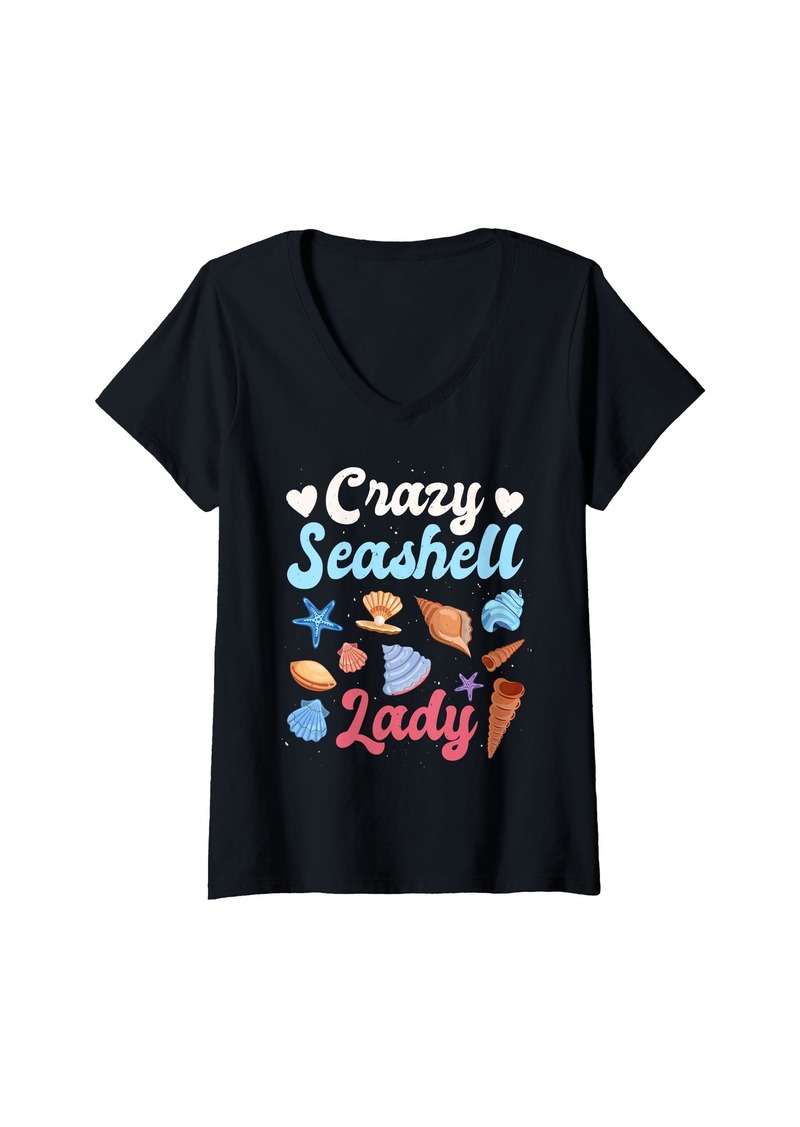 Womens Crazy Seashell Lady - Shell Collecting Seashell V-Neck T-Shirt