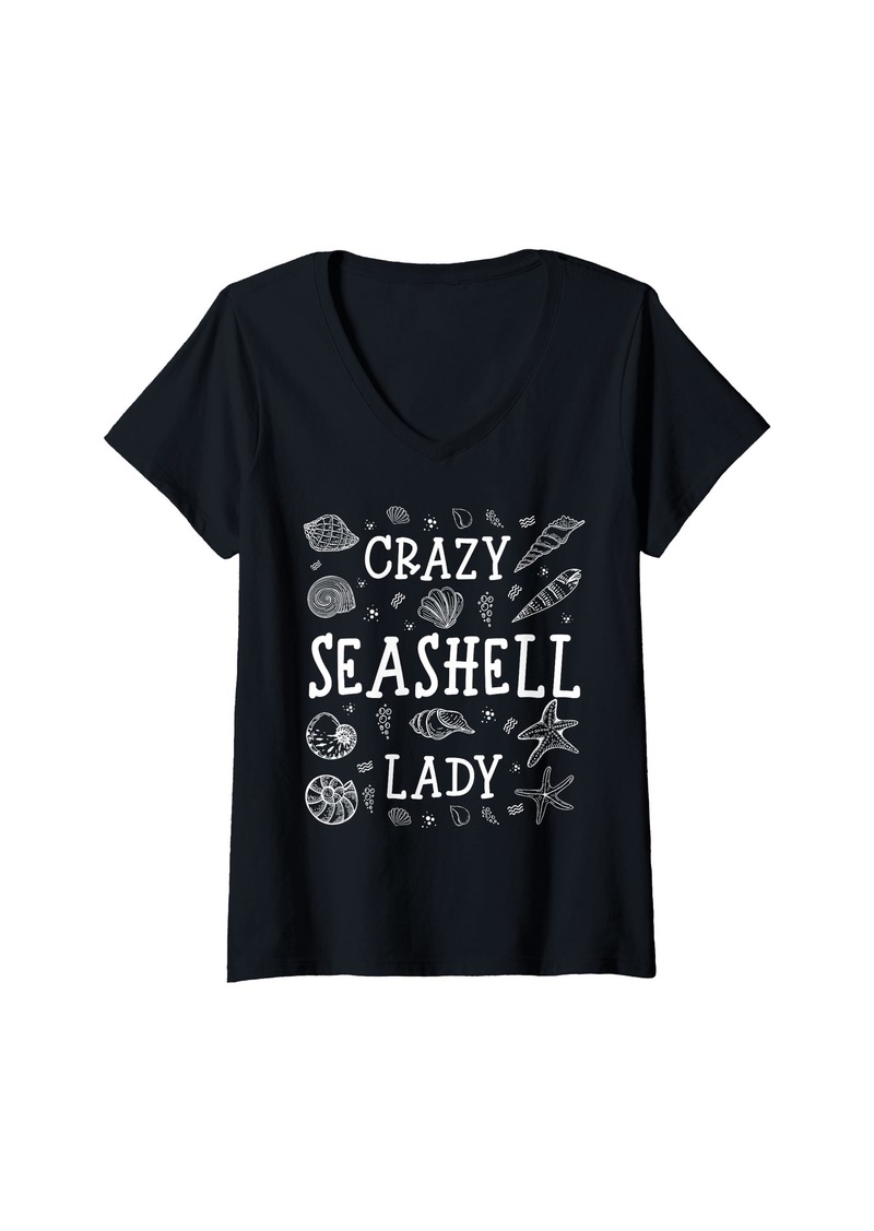 Womens Crazy Seashell Lady - Shell Collecting Seashell V-Neck T-Shirt