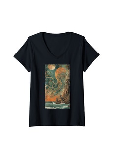 Sea Womens Cthulhu Ocean Octopus Vintage Steampunk Kraken V-Neck T-Shirt
