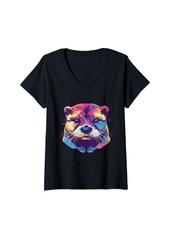 Womens Cute Otter Face Colorful Rainbow Design Sea Otter Lovers V-Neck T-Shirt