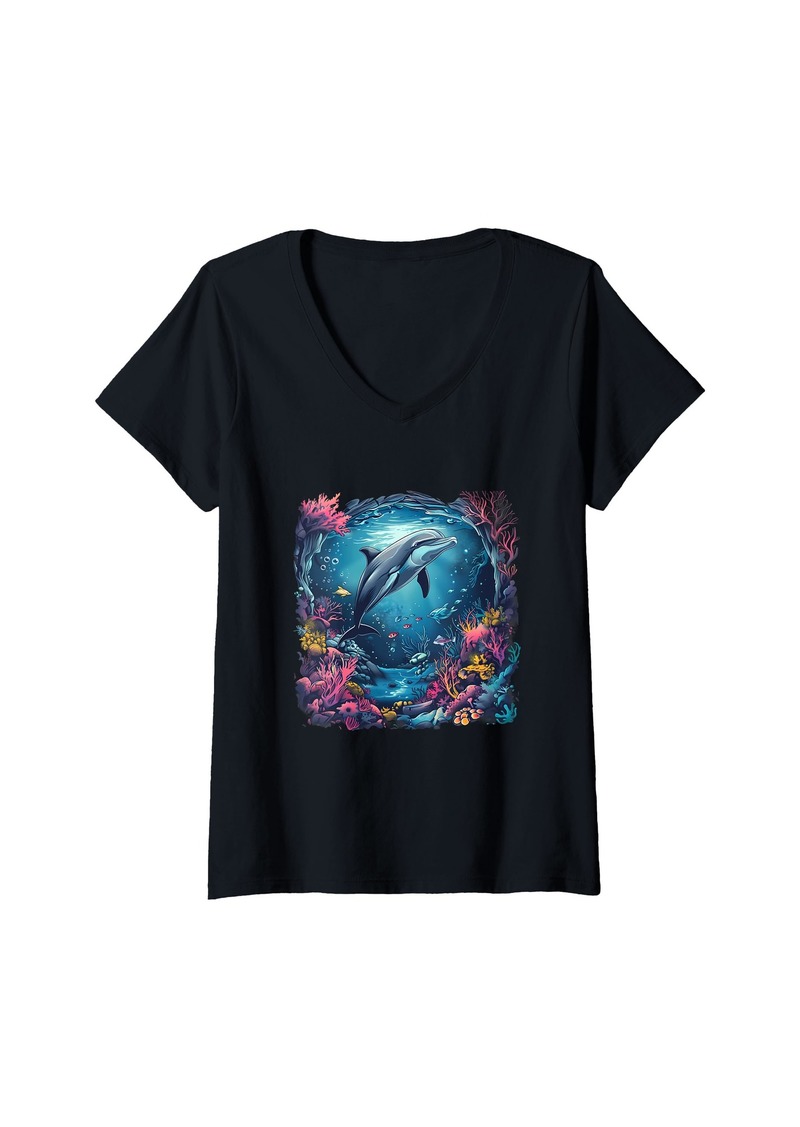 Womens Dolphin Ocean Sea Animal Dolphin Lover Sea Ocean Dolphin V-Neck T-Shirt