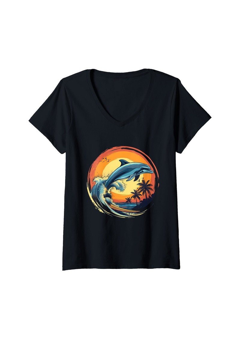 Womens Dolphin Surfing Sunset Sea Ocean Dolphin Sea Ocean Animal V-Neck T-Shirt