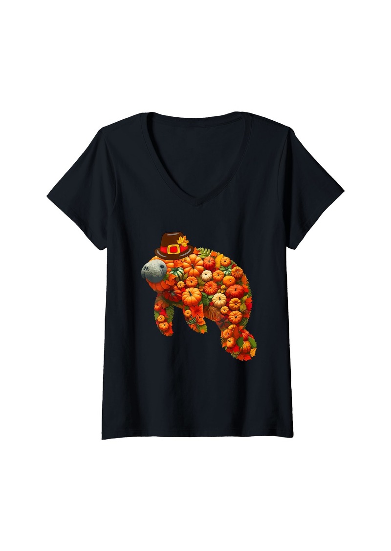 Sea Womens Fall Leaves Pumpkins Manatee Cute Shape Thanksgiving Animal V-Neck T-Shirt