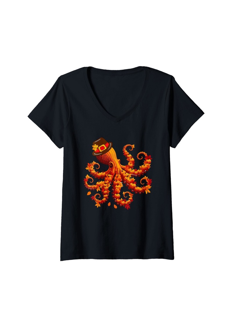 Sea Womens Fall Leaves Pumpkins Octopus Cute Shape Thanksgiving Animal V-Neck T-Shirt