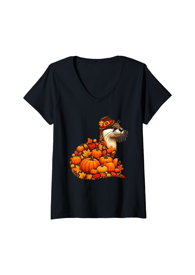 Sea Womens Fall Leaves Pumpkins Otter Cute Shape Thanksgiving Animal V-Neck T-Shirt