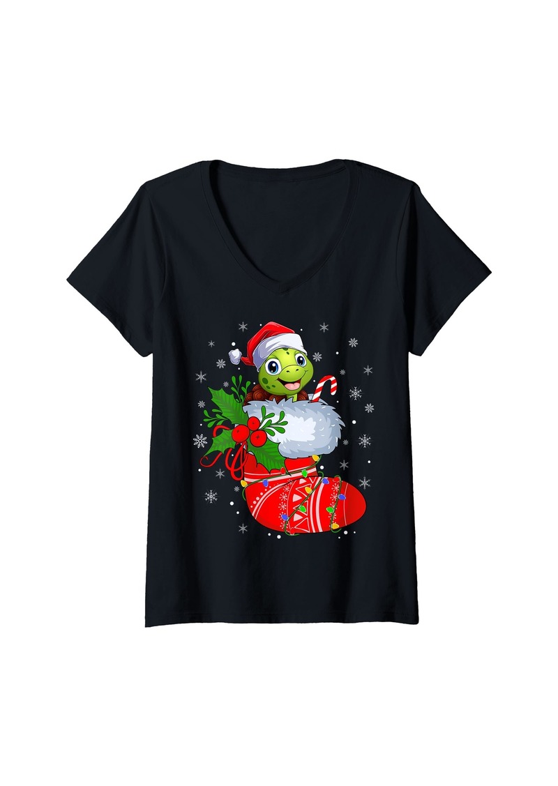 Womens Funny Sea Turtle In Christmas Socks Santa Hat Lights Xmas V-Neck T-Shirt