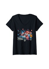 Womens Group Sea Animals Crab Octopus Orca On Pickup Truck 4th July V-Neck T-Shirt