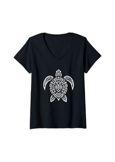 Womens Hawaiian Sea Turtle Tribal Graphic Art Design V-Neck T-Shirt