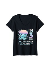 Sea Womens I'm 3 Bday Jellyfish Party Cute 3rd Birthday Kids Jellyfish V-Neck T-Shirt
