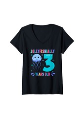 Sea Womens I'm 3 Bday Jellyfish Party Cute 3rd Birthday Kids Jellyfish V-Neck T-Shirt