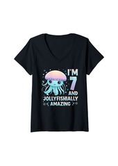 Sea Womens I'm 7 Bday Jellyfish Party Cute 7th Birthday Kids Jellyfish V-Neck T-Shirt