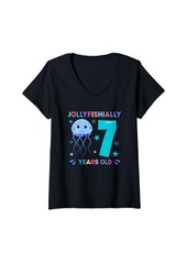 Sea Womens Jellyfish 7 Years Bday Funny 7th Birthday Kids Jellyfish V-Neck T-Shirt