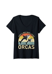 Womens Just a Boy who loves Orcas Whales Sea Animal Orca Lovers V-Neck T-Shirt