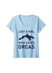 Womens Just a Girl who loves Orcas Whales Sea Animal Orca Lovers V-Neck T-Shirt