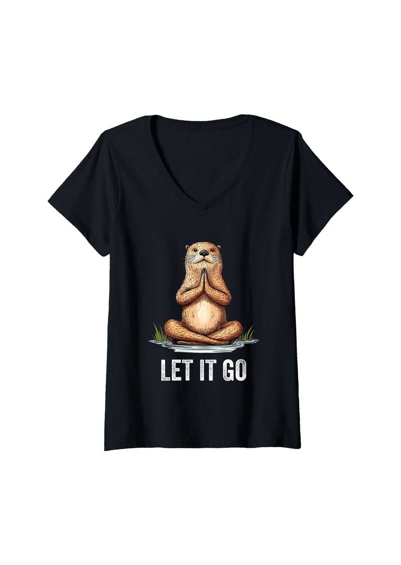 Womens Let It Go Sea Otter Doing Yoga Meditation Zen V-Neck T-Shirt