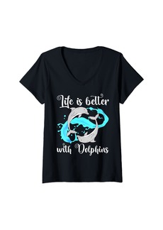 Sea Womens Life Is Better With Dolphins Fish Animals Dolphin V-Neck T-Shirt