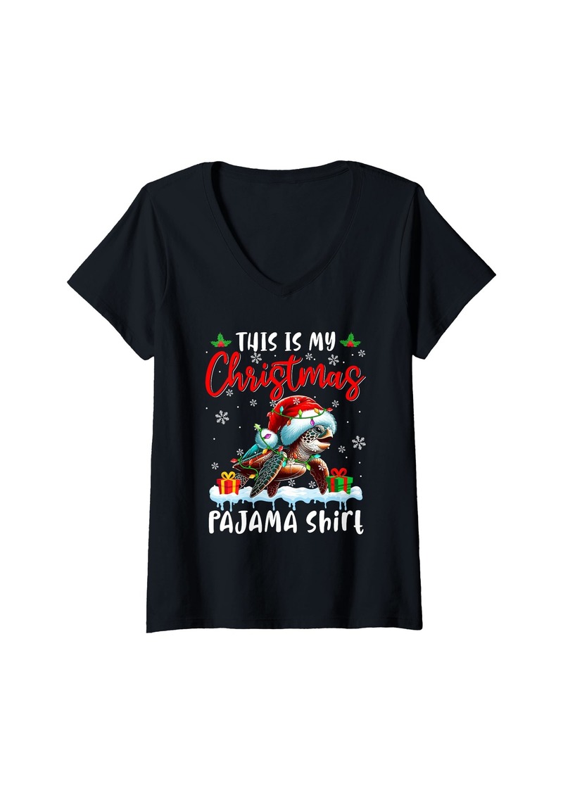 Sea Womens My Christmas Pajama Shirt Santa Turtle Animals Xmas Lights V-Neck T-Shirt