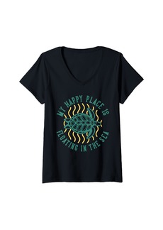 Womens My Happy Place Is Floating In The Sea | Sea Turtle V-Neck T-Shirt