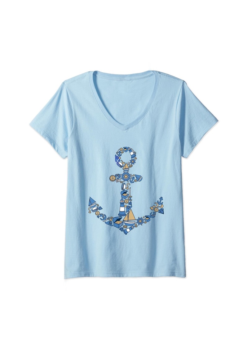 Sea Womens Nautical Anchor Collage Maritime Adventure V-Neck T-Shirt