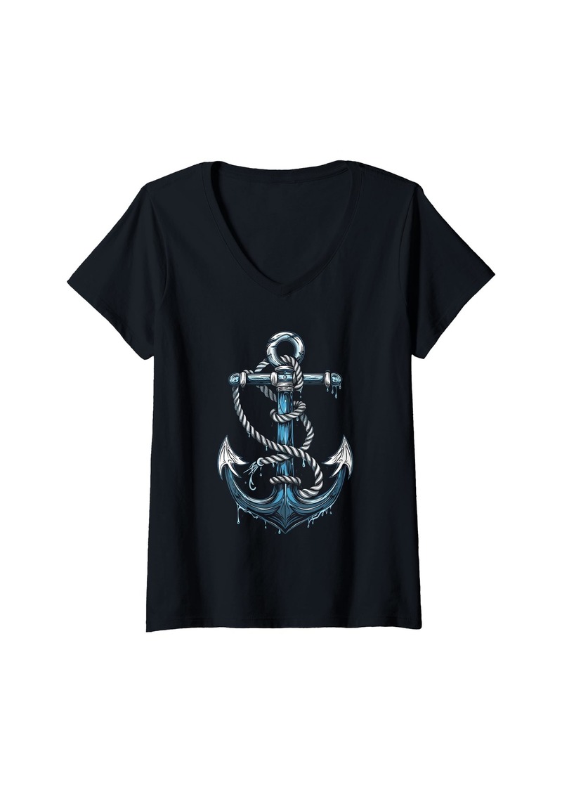 Sea Womens Nautical Blue Anchor For Maritime Sailor Ocean V-Neck T-Shirt