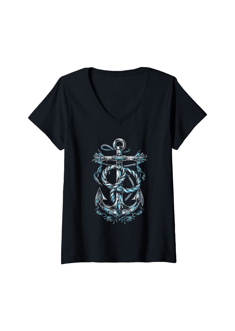 Sea Womens Nautical Blue Anchor For Maritime Sailor Ocean V-Neck T-Shirt