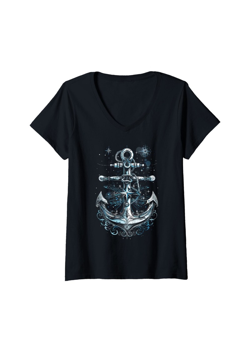 Sea Womens Nautical Blue Anchor Nautical anchor Marine theme V-Neck T-Shirt