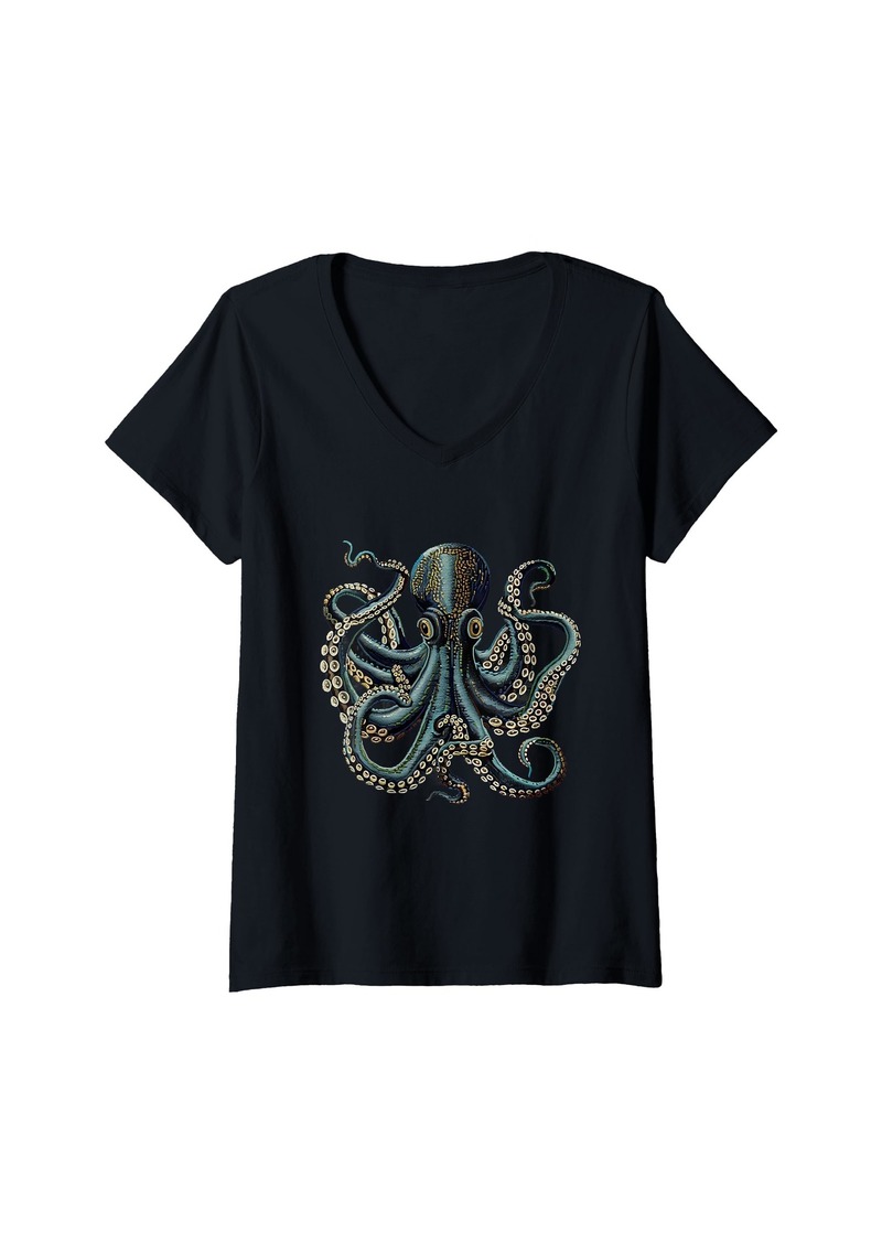 Womens Octopus Sea Monster Motif Ocean Sea Octopus Cthulhu Artwork V-Neck T-Shirt