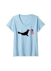 Womens Patriotic Harbor Seal Carrying Flag USA July 4th American V-Neck T-Shirt