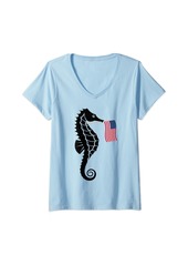 Womens Patriotic Seahorse Carrying Flag USA 4th of July American V-Neck T-Shirt